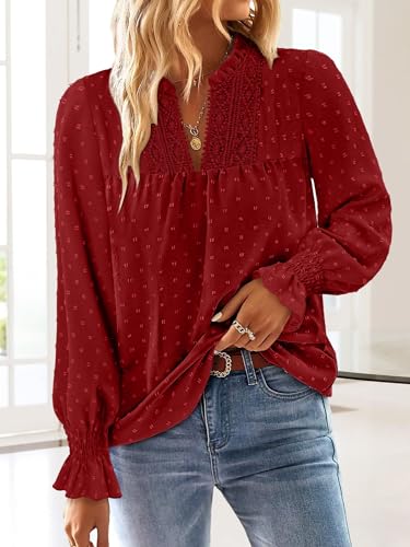 BETTE BOUTIK Women Boho Long Sleeve Shirts Dressy Casual V Neck Fall Fashion Tops Swiss Dot Flowy Blouses