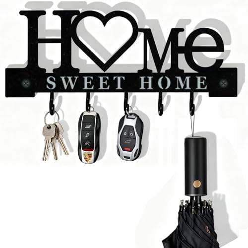Sweet Home Key Holder for Wall Black Metal Key Hooks Wall Mounted with 5 Hooks Self-Adhesive or No-Drill Key Rack Heavy-Duty Key Hanger for Entryway Home Office & Door Decor