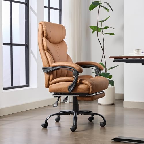 GarveeHome Ergonomic Office Chair, 500 LBS Big & Tall Home Office Chair, PU Leather Computer Desk Chairs, Wide Seat Executive Office Chair With High Back and Footrest, Rolling Swivel Task Chair, Brown