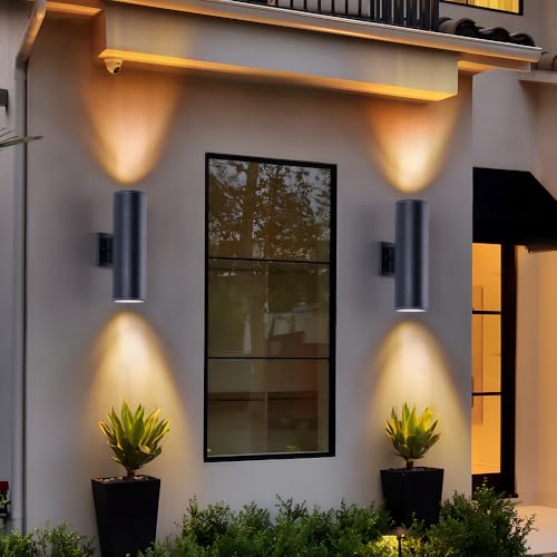 LUKYRA Outdoor Wall Sconce Black, 1-Light Exterior Light Fixture, Modern Cylinder Lantern, Matte Finish, (7" H x 5" W) (Pack of 2) (Black + Iron-18)