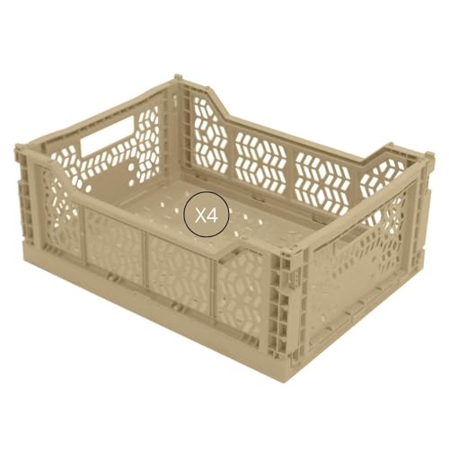 Box and beyond – Juego de 4 cajas de almacenamiento plegables – Jaulas de plástico apilables – Caja plegable con asa, cocina, dormitorio, oficina (amarillo, 40 x 30 x 15 cm)