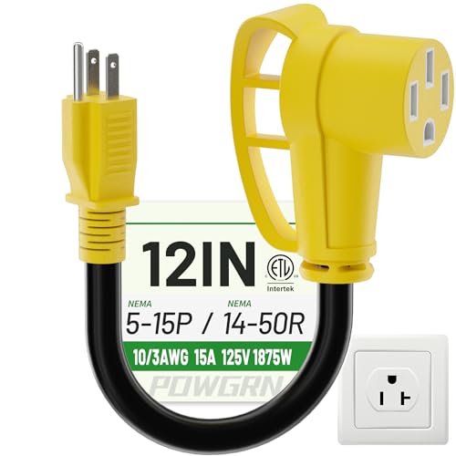 POWGRN NEMA 5-15P to NEMA 14-50R RV 50 Amp to 110 Adapter 12 inch Heavy Duty 10/3 Gauge RV Electrical Adapter STW 10AWG 15A 125V 1875W Black-Yellow ETL Listed
