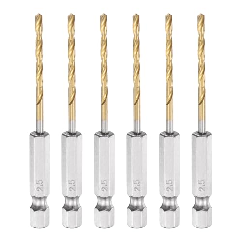 QUARKZMAN 6 Stück 2,5mm Titanium Spiralbohrer mit 1/4' Sechskant-Schaft, 75mm Länge Hochgeschwindigkeitsstahl Bohrer für Gehärteten Metall Edelstahl Gusseisen Holz Kunststoff