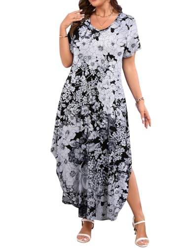 Image of JollieLovin Womens Plus Size Casual Summer Maxi Long Dress Short Sleeve T-Shirt Loose Sun Dress(L-5X)