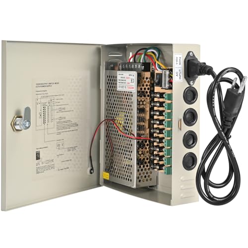 Image of CCTV Power Supply Box 9 Channel 12V 10A, Lockable Metal Power Distribution with Resettable Fuse for Security Cameras DVRs