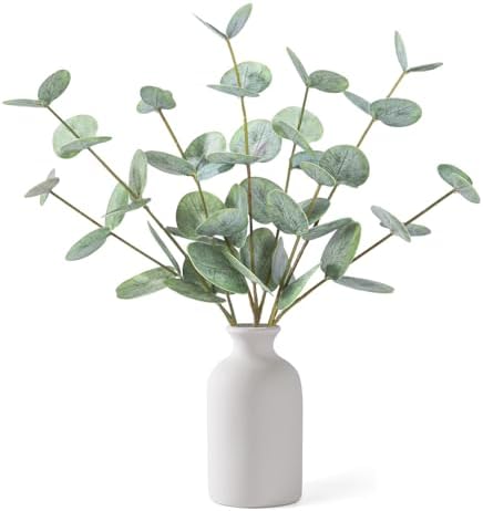 Artificial Eucalyptus Stems in Ceramic Vase, 14'' Fake Plants Gre...