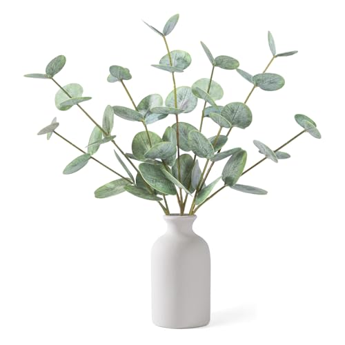Artificial Eucalyptus Stems in Ceramic Vase, 14'' Fake Plants Greenery