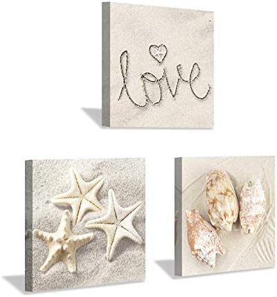 Beach Wall Art Painting Print: Starfish and Seashells on Beach Graphic Art on Canvas Set for Bedroom (12''x12''x3pcs)