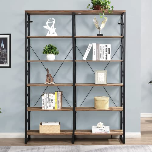 Homyshopy Double Wide 6-Tier Bookshelf 76” H, Industrial Display Shelves With Metal Frame, Large Bookcase For Living Room, Study And Library (Vintage Brown) #TOP2