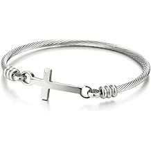 COOLSTEELANDBEYOND Stainless Steel Horizontal Sideway Lateral Cross Twisted Cable Bangle Bracelet for Women