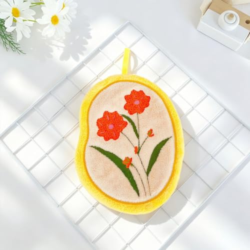 Image of House of Quirk Tulip Flower Shaped Hanging Towels Set of 2 | Soft Coral Fleece Kitchen & Bathroom Towels | Super Absorbent & Quick-Dry Decorative Cloths (Purple /Yellow)