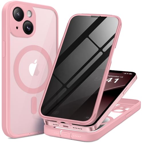 BERFY for iPhone 13 Case Compatible with MagSafe Built-in Privacy Screen Protector Camera Protection Shockproof Full Body Phone Case 6.1 Clear Pink