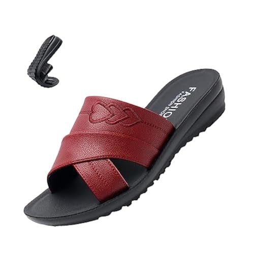 AngryMonkey Women's Wedge Stitch Slippers,Summer Lightweight Comfort Open Toe Casual Slide Softsole Embroidery Leather Sandals