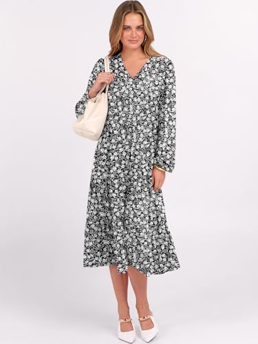 Image of ANRABESS Women's Long Lantern Sleeve Floral Midi Dresses 2026 Fall V Neck Casual Flowy A-line Tiered Boho Vacation Dress