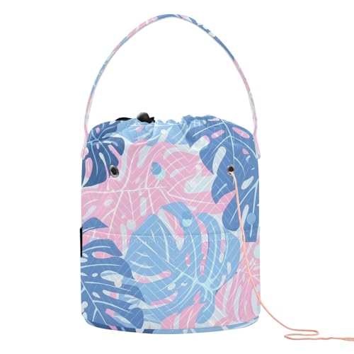 Yarn Storage Bag Small Crochet Bag Knitting Bag Organizer Blue Pink Monstera Leaves Yarn Bags for Crocheting Basket