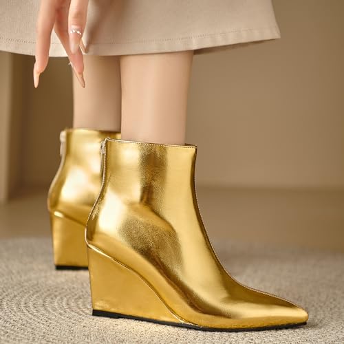 Women's Wedges Heel Pointed Toe Metallic Ankle Boots Sexy Vintage Back Zipper Booties2