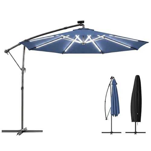 Image of Outsunny 3 m Garden Cantilever Parasol with LED Solar Light, Round Overhanging Umbrella with 6-Position 360° Rotation, Crank Handle, Tilt, Cover, Banana Patio Umbrella for Outdoor Sun Shade, Navy Blue