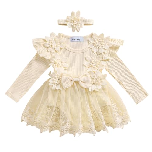 Image of Covvoliy Baby Girl Tulle Birthday Party Princess Dress Long Sleeve Lace Flower Tutu Romper Dress Newborn Fall Clothes