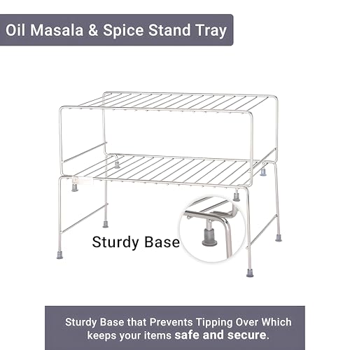 Image of Kuber Industries 2 Pcs Set Stainless Steel Kitchen Storage Rack - Oil, Masala & Spice Stand Tray - Kitchen Counter Top Corner Shelf Organizer Countertop- Silver