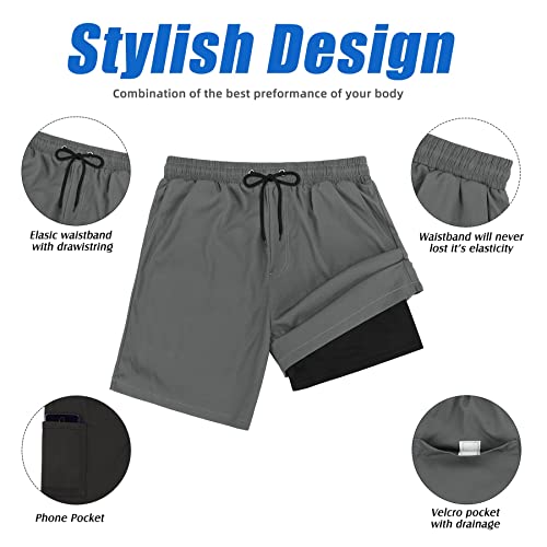 Zando Quick Dry Mens Swim Trunks With Compression Liner Mens Bathing Suits With Pocket 7 Inch Inseam Mens Swim Briefs Beach Shorts For Men Grey Mens Swimming Trunks With Boxer Brief Lining L #TOP4