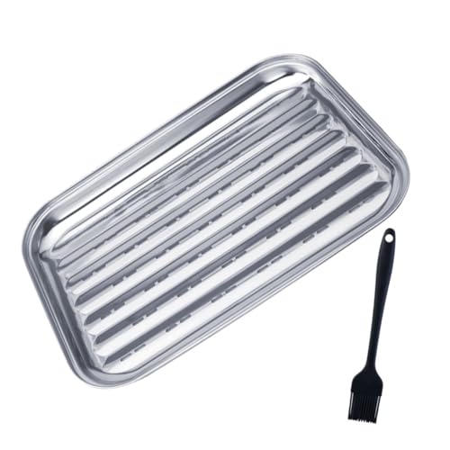 BESPORTBLE 1 Set Multi Functional Stainless Steel Grill Pan BBQ Tray Mesh Basket Brush for Outdoor Cooking Food Serving Plate Durable Water Drainage Design