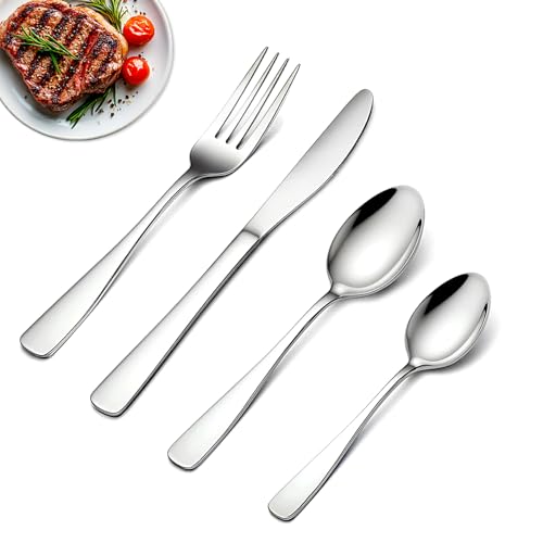 BEWOS 16 Pcs Cutlery Set - Stainless Steel Cutlery Set for 4 People with Ergonomic Handle Silver Knife and Fork Sets Ideal for Family Dining Camping Mirror Polished & Dishwasher Safe