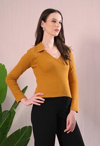 Image of Women's V-Neck Collar Full Sleeve Ribbed Top - Pure Cotton, All-Season, Comfortable & Stylish(Mustard,S)