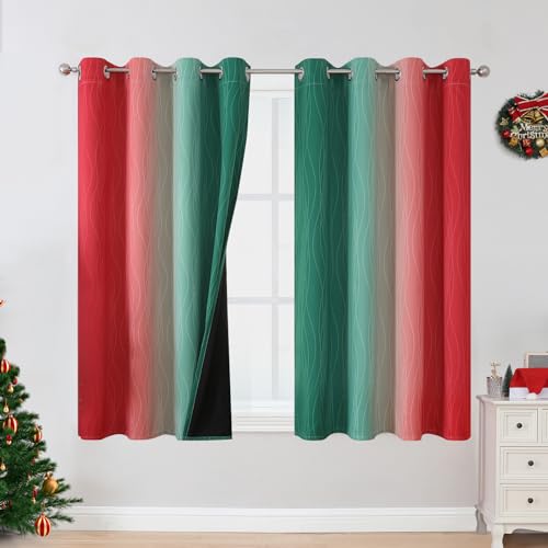 Estelar Textiler Red and Green Blackout Curtains 45 Inch Length, Full Room Darkening Ombre Drapes for Kitchen, Thermal Insulated Grommet Christmas Curtains for Basement, 52Wx45L, 2 Panels