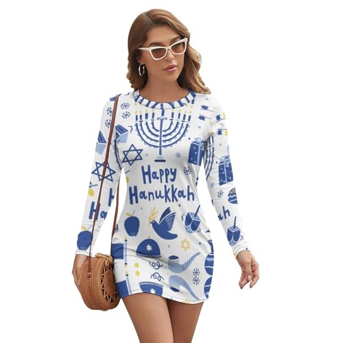 Happy Hanukkah Jewish Chanukah Holiday Women's Long Sleeve Casual Midi Party Dress Business Work Fall Dresses