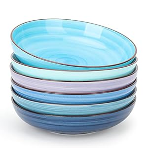 KitchenTour Ceramic Pasta Bowls – Large Salad Bowls Porcelain Serving Bowl Set 26 Ounce – 8 Inch Soup Bowl – Dishwasher and Microwave Safe – Set of 6, Assorted Cool Colors