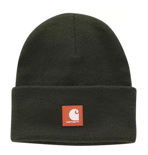 Image of Carhartt CB9010 Big Kids Knit A18 Acrylic Watch Rubber Patch Hat Beanie, Olive with Orange Patch - Youth/Child