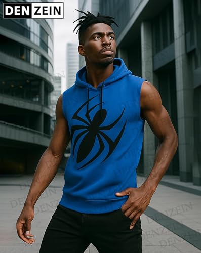 Mens Scarlet Spider Sleeveless Hoodie, Royal Blue Gym Pullover, Spiderman Logo, Sports Casual Workout Wear Hoodie3