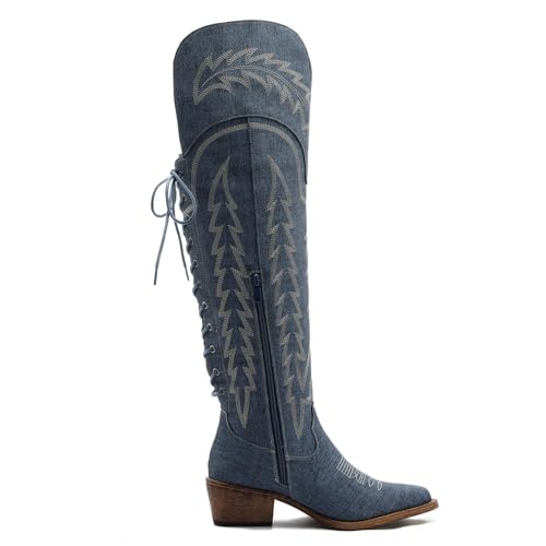Image of GLOBALWIN Women's Cowboy Western Fashion Over The Knee Thigh High Cowgirl Boots Low Heel