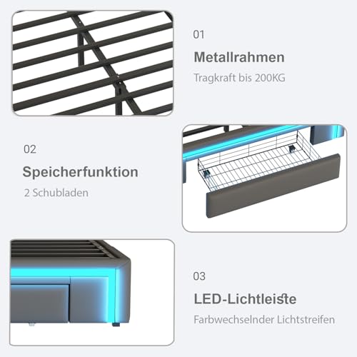 Dolamaní Polsterbett Bettgestell 90x200 cm ohne Kopfteil, PU-Leder Bett Mit LED und Schubladen, Metall Lattenrost Moderne Schlafzimmer Einzelbett (Grau) – Bild 5