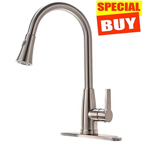 Modern Commercial Lead-Free Stainless Steel Single Lever Handle High Arc Pull Down Sprayer Kitchen Sink Faucet,Brushed Nickel Pull Out Kitchen Faucets With Deck Plate