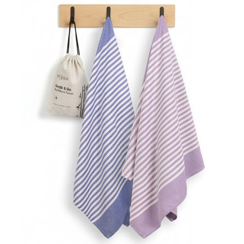 Image of Mush Grab & Go Bamboo Travel Towel | 100% Bamboo Bath Towel for Beach, Hiking & Gym Towel for Men Workout | Quick Dry & Compact Towels with Travel Bag | 60x120 cms, 250GSM | Pack of 2 (Lavender & Navy
