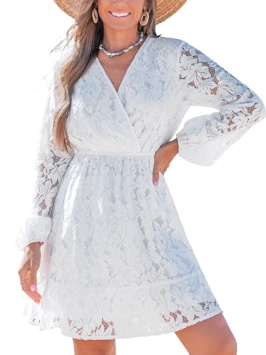 Image of CUPSHE Women Elegant V Neck Lace Peasant Sleeve Mini Summer Dress Elastic High Waist A Line Casual Wedding Guest Dress