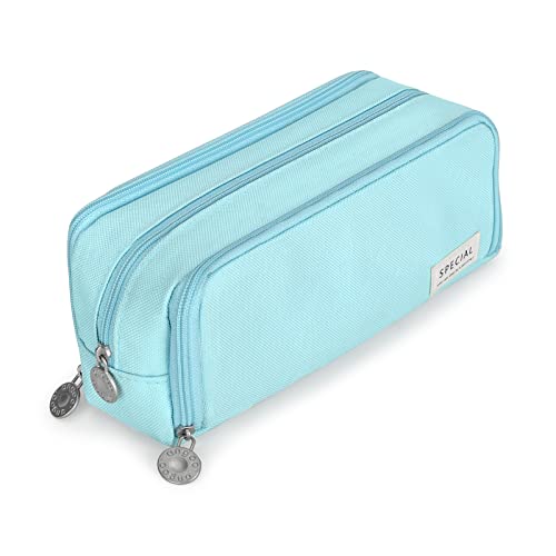 Anyfirst Trousse Scolaire, Grande Capacité Trousse Enfant avec 3 Compartiments, Trousse à Crayons pour Fille Garcon Adulte Adolescent Scolaires Papeterie Trousse de Maquillage Cadeau, Bleu Clair