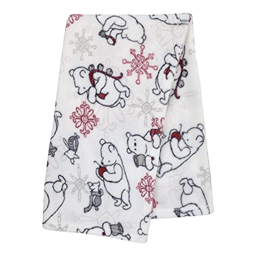 Image of Disney Classic Winnie The Pooh White, Red, and Green Holiday Christmas Piglet, Snowflakes and Bells Super Soft Baby Blanket