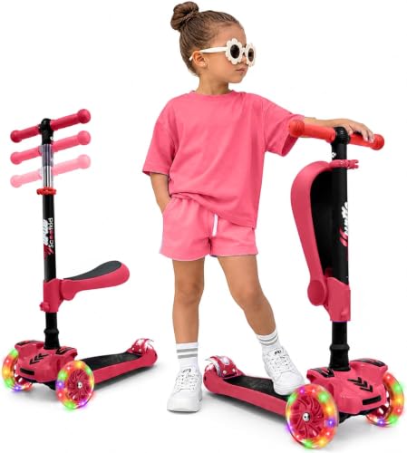 14 Wheeled Scooter for Kids - Stand & Cruise Child/Toddlers Toy Folding Kick Scooters w/Adjustable Height, Anti-Slip Deck, Flashing Wheel Lights, for Boys/Girls 2-12 Year Old - Hurtle