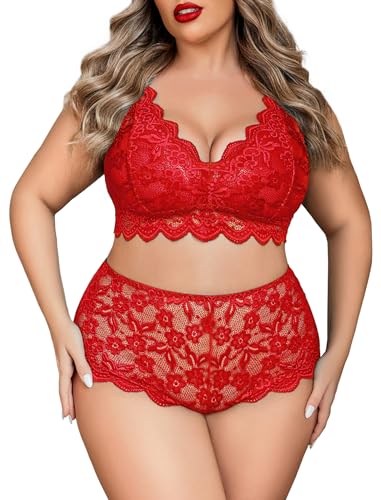 Image of Avidlove Plus Size Lingerie Set for Women Sexy Lace Halter Bralette High Waist Panty Set