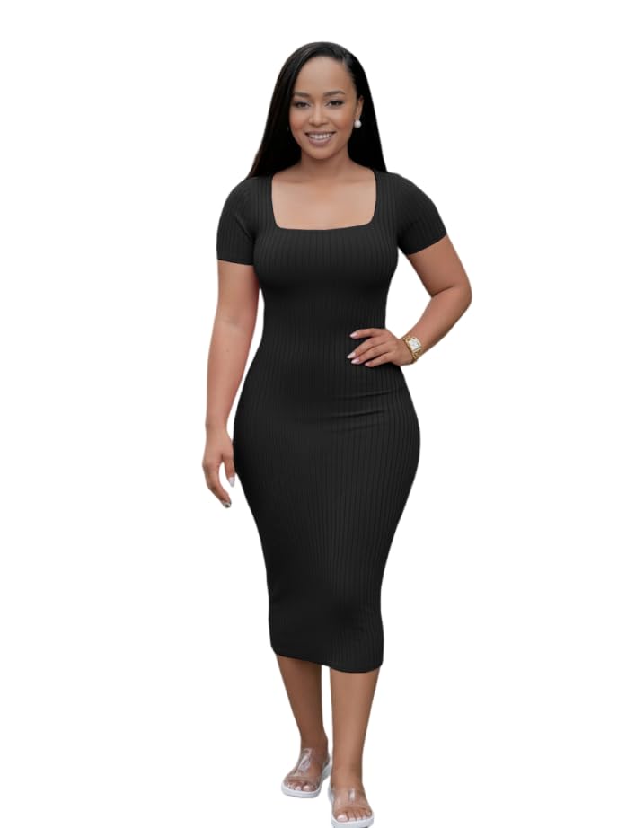 Image of TOPSRANI Women Sexy Midi Dress Bodycon Casual Sleeveless Basic Ruched Tank Summer Club Party Dresses