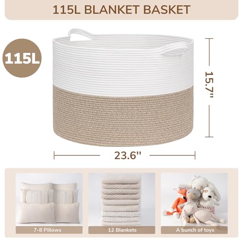 Image of INDRESSME 115L Extra Large Blanket Basket, Soft Cotton Rope Storage Baskets for Organizing Living Room Decor Toy Storage for Kids,Decorative Woven Basket for Laundry & Towels, Light Brown