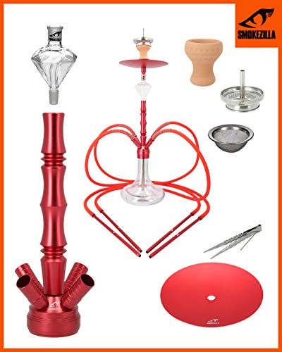 Smokezilla® MINYA 4S 4-Schlauch-Set Aluminium Shisha | Spitze Optik mit Shiny Clear Bowl und Diamond Molassefänger! (Rot… – Bild 8