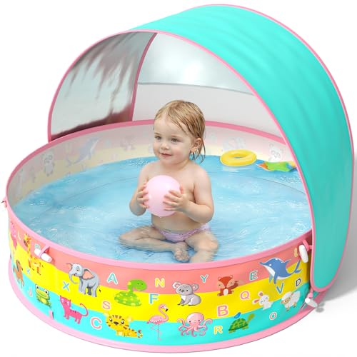 Baby Paddling Pool with Sun Shade UPF50+ Portable Pop up Beach Tent with Carry Bag 4 in 1 Baby Pool with UV Sun Shelter Canopy Summer Essentials for Beach Holiday Camping Picnics Travel