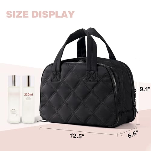 Travel Toiletry Bag – Large Lightweight Makeup Bag for Women, Wide-open Puffy Cosmetic Organizer with Dry-Wet Separation, Luggage Strap & Handle for Easy Travel, Gym, Essentials (BLACK)3