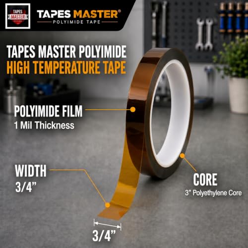 Image of Tapes Master 3 /4 inch x 36 Yds 1 Mil Polyimide High Temperature Heat Resistant Tape with Silicone Adhesive, No Residue