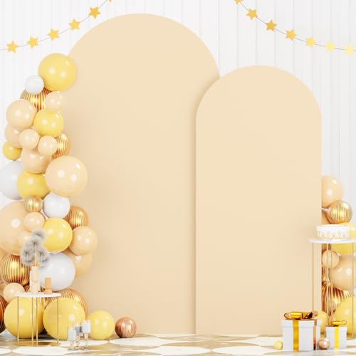 Image of FOTSHARER Beige Wedding Arch Cover 6FT 7.2FT Spandex Fit Arch Covers Stretchy Backdrop Set of 2 Balloon Arch Stand Cover Chiara Arched Backdrop Cover for Baby Shower Birthday Party Decorations