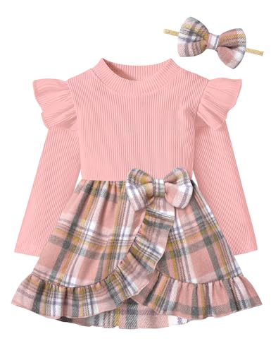 Image of WIQI Baby Girl Dress Ruffle Sleeve Plaid Dresses Ribbed Infant Girl Fall Winter Outfits with Bowknot Headband