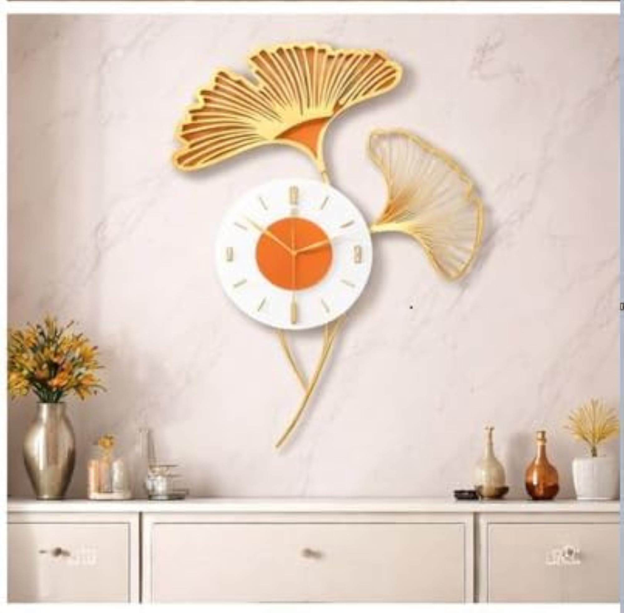 Ginkgo Leaf Wall Clock, Gold Decorative Design